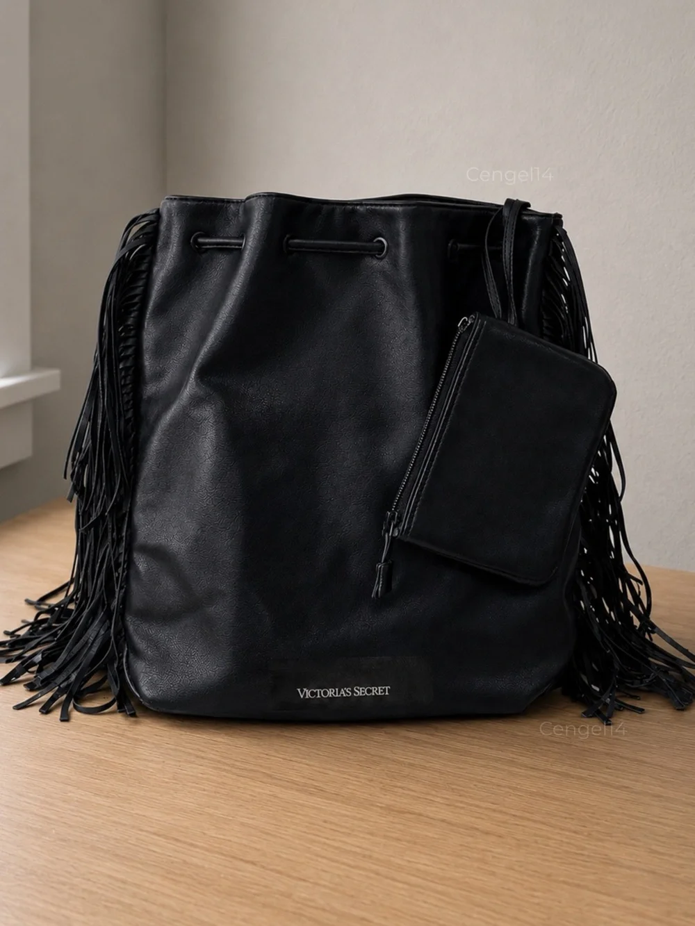 Victoria’s Secret Fringe Bucket Backpack Black Runway Bag Coin Purse - Picture 2 of 4
